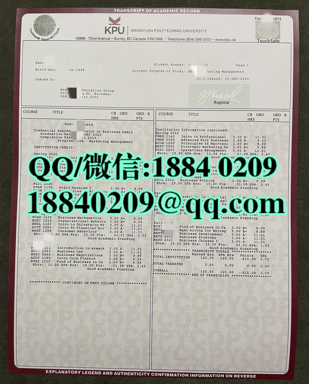 加拿大kpu大学成绩单，加拿大昆特兰理工大学成绩单，Kwantlen Polytechnic University transcript