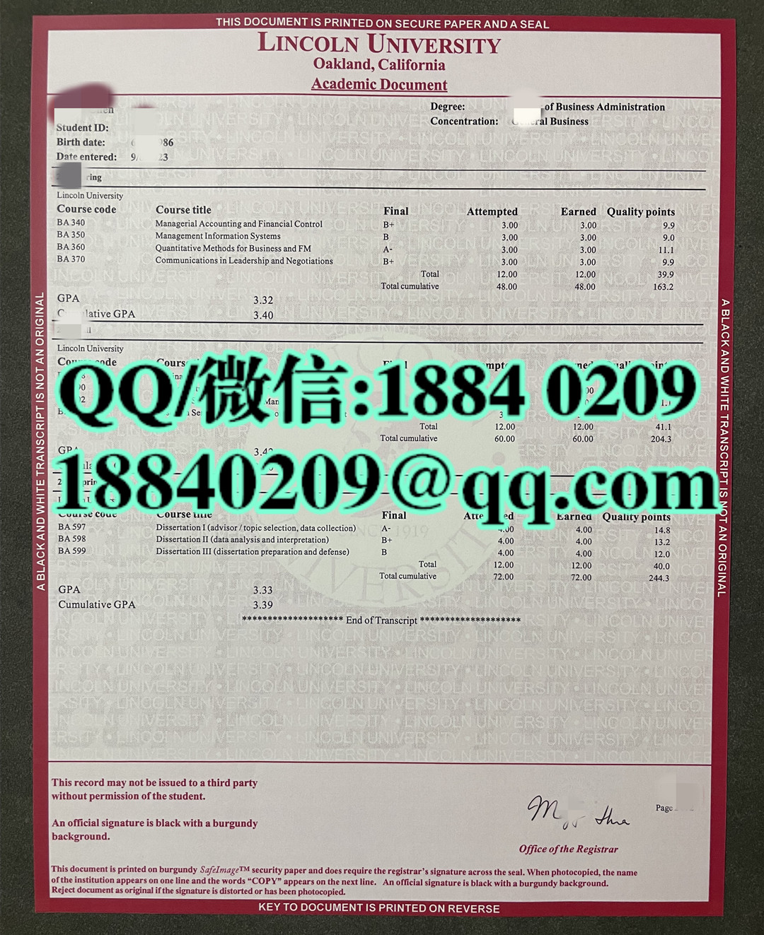 美国林肯大学Lincoln University成绩单，Lincoln University transcript