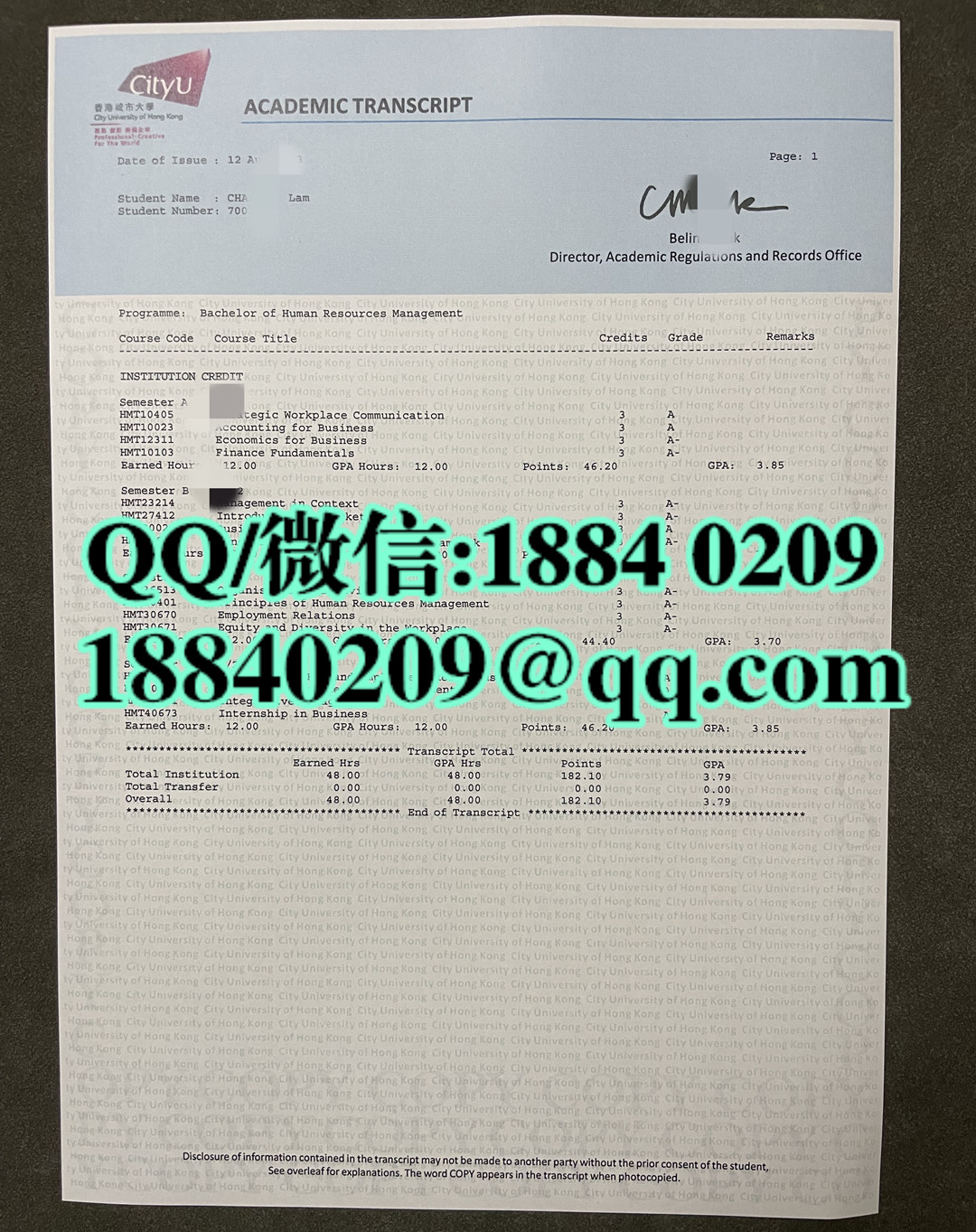 香港城市大学成绩单，City University of Hong Kong transcript