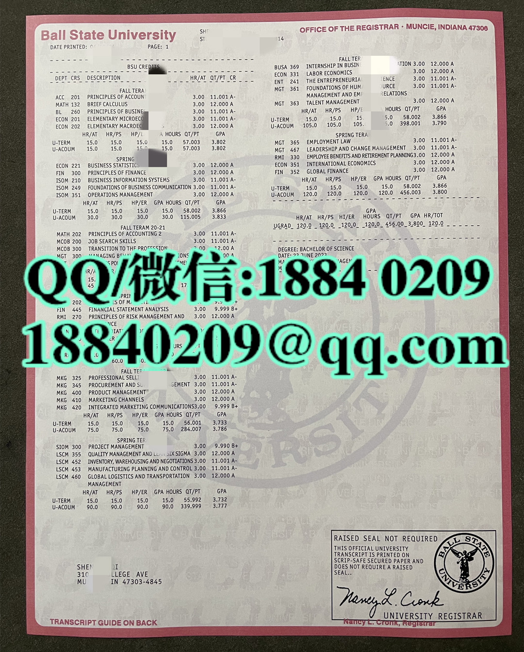 美国鲍尔州立大学成绩单，ball state university transcript