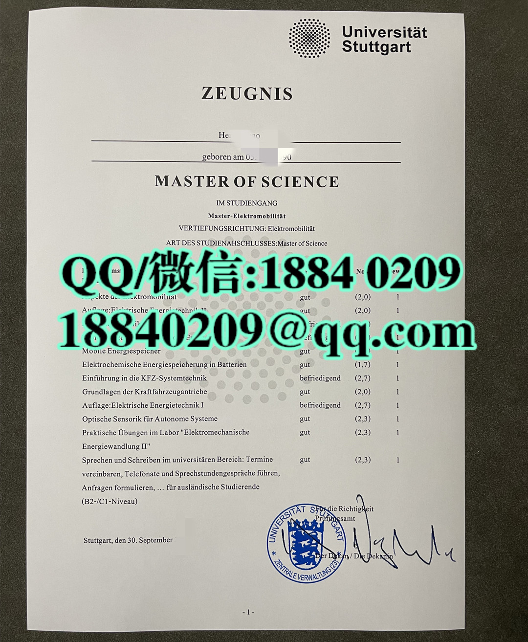 德国斯图加特大学成绩单，University of Stuttgart transcript