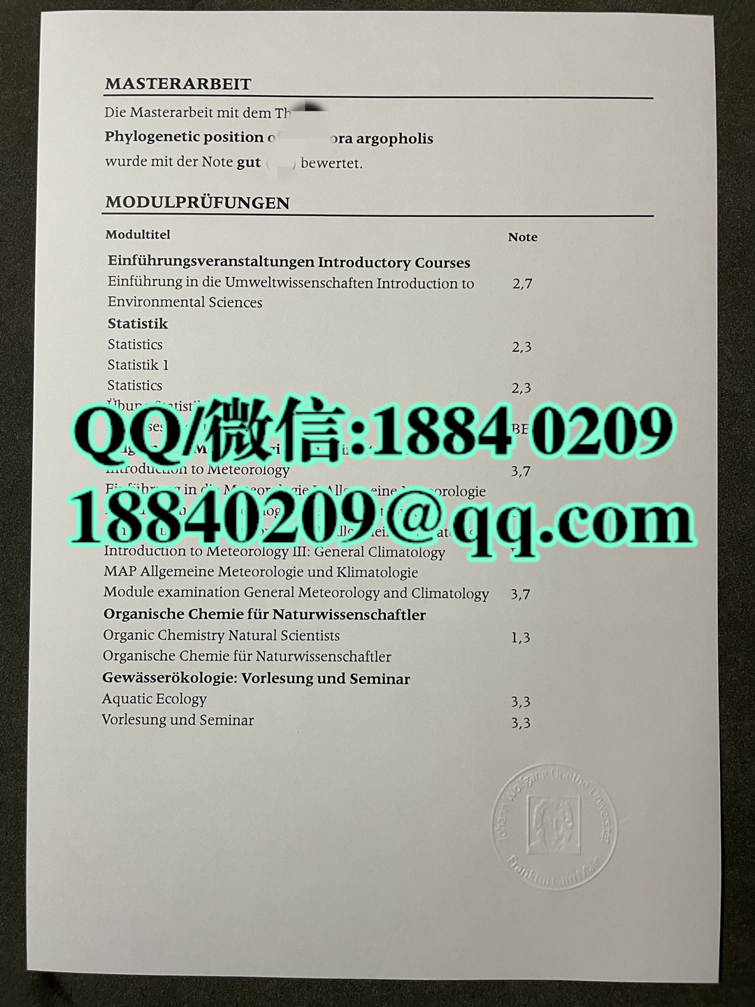 法兰克福大学Goethe University Frankfurt成绩单，德国歌德大学成绩单