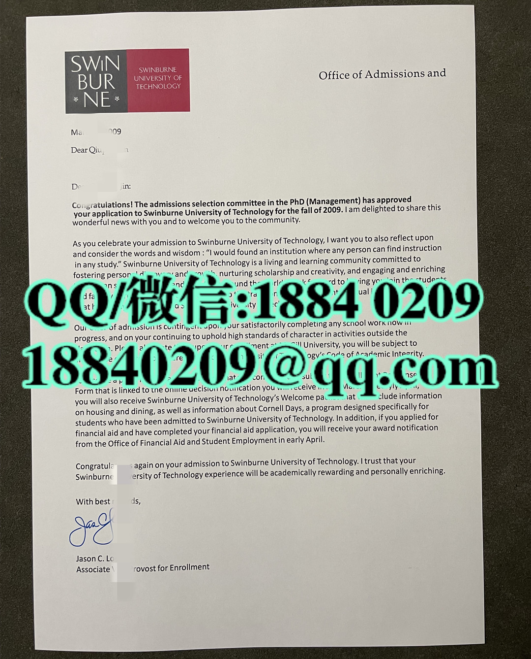 澳洲斯威本科技大学录取通知书，swinburne university of technology offer