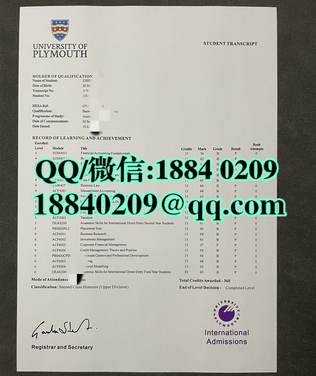 英国普利茅斯大学成绩单，University of Plymouth transcript