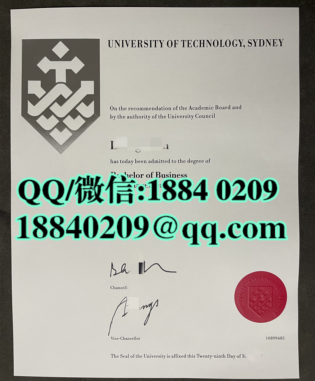 悉尼科技大学毕业证学位证文凭样本，University of Technology Sydney diploma degree